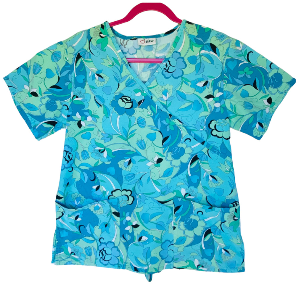 LIFE Scrub Top Womens Small Blue Green Floral Print Medical Uniform Vet Nurse